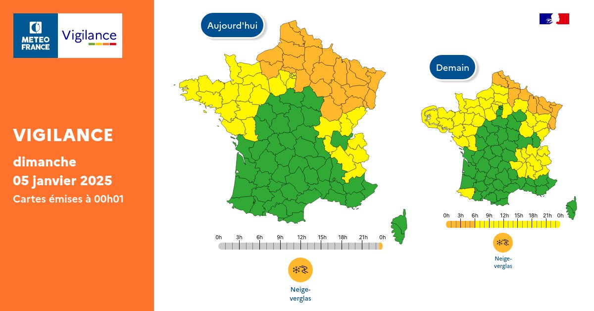 VigiMeteoFrance's tweet photo. Pour samedi 04 janvier 2025 :
🟠 22 départements en Vigilance orange

Pour dimanche 05 janvier 2025 :
🟠 10 départements en Vigilance orange

Restez prudents et informés :
https://t.co/JGz4rTUvHP https://t.co/Cd2LoeEOvc