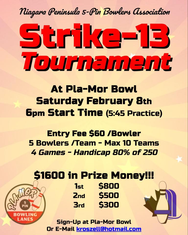 N5PBA's tweet photo. We are excited to announce our upcoming Strike-13 tournament at Pla-Mor Bowl on Saturday February 8th at 6pm. Sign up quickly because we only have openings for 10 teams! https://t.co/5eBIAfC5lu