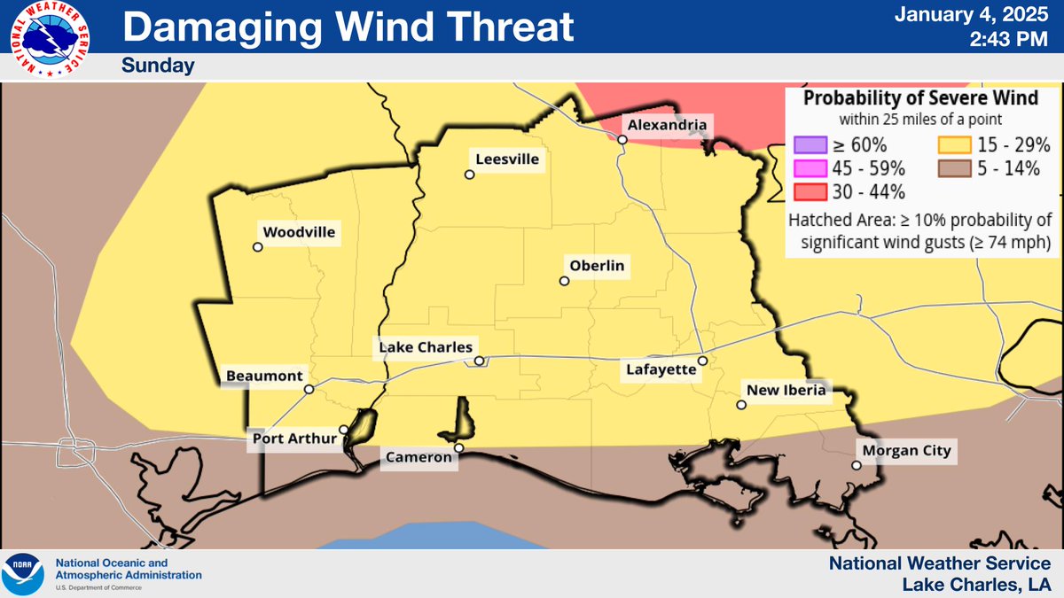 NWSLakeCharles's tweet photo. Here are the latest graphics regarding the severe weather probabilities and timing Sunday afternoon/Evening. https://t.co/yO85jEmmUR