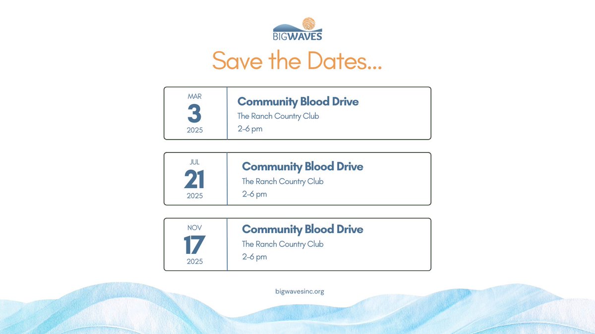 We've updated our events and have a few blood drives coming up in 2025. Get the details at bigwavesinc.org to sign up today and save the dates! 

#savelives 
#westminstercolorado 
#broomfieldcolorado 
#GiveBloodSaveLife