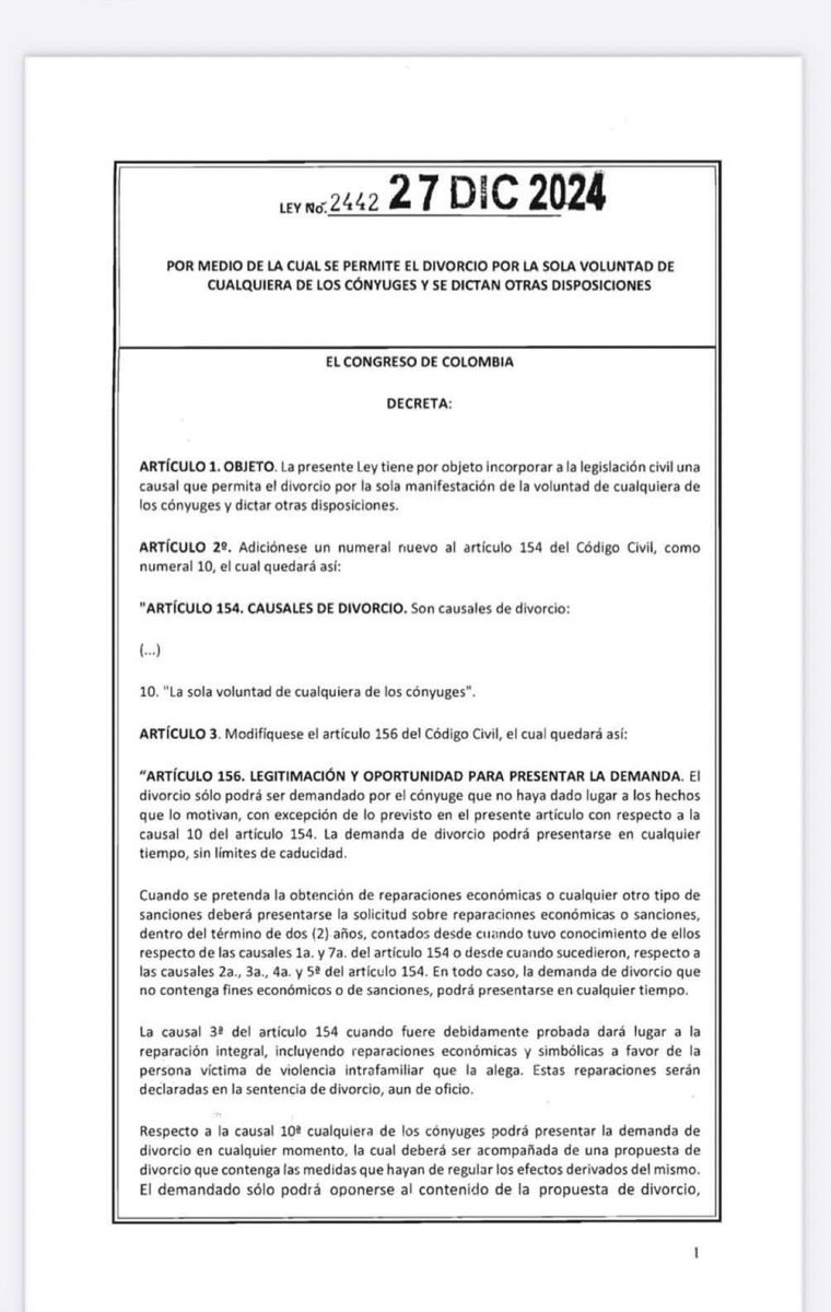lenin_zeballos's tweet photo. Promulgado el 27 de Diciembre del 2024, en Colombia entró en vigencia, el divorcio unilateral con la sola voluntad de uno de los cónyuges. https://t.co/njw1y4g5tr