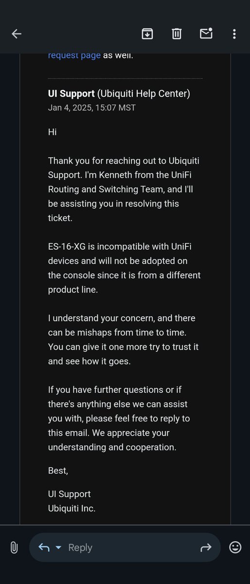 WillCarterTech's tweet photo. The es-16-xg is incompatible with the UDM Pro or any other unifi devices. In case anyone was wondering. https://t.co/zdr0cNteVP