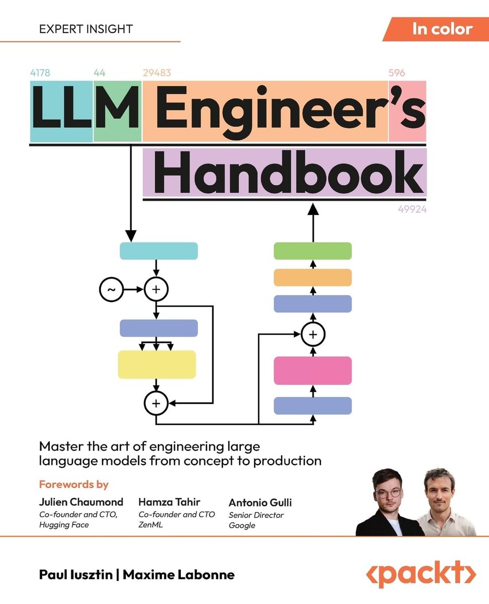 KirkDBorne's tweet photo. LLM Engineer's Handbook — Master the art of engineering Large Language Models #LLMs from concept to production: https://t.co/mVpoE6jfXG v/ @PacktPublishing
——
#DataScience #LLMOps #ML #GenAI #AI #GenerativeAI #MachineLearning 
——
𝓦𝓱𝓪𝓽 𝔂𝓸𝓾 𝔀𝓲𝓵𝓵 𝓵𝓮𝓪𝓻𝓷:
🟢Implement robust data pipelines and manage LLM training cycles

🔵Create your own LLM and refine with the help of hands-on examples

🟢Get started with LLMOps by diving into core MLOps principles 

🔵Perform supervised fine-tuning and LLM evaluation

🟢Deploy end-to-end LLM solutions using AWS and other tools

🔵Explore continuous training, monitoring, and logic automation

🟢Learn about RAG ingestion as well as inference and feature pipelines