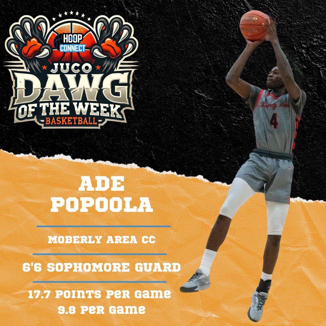 🏀 Hoop Connect JUCO Dawg of the Week 
Ade Popoola <a href="/AdeOPopoola1/">Ade</a> | 6'6 Guard | Moberly Area CC 

Averaging 17.7 PPG and 9.8 RPG, Ade is dominating both ends of the floor!  A true double-double machine and a key player for Moberly this season.  

#JUCOHoops #HoopConnect