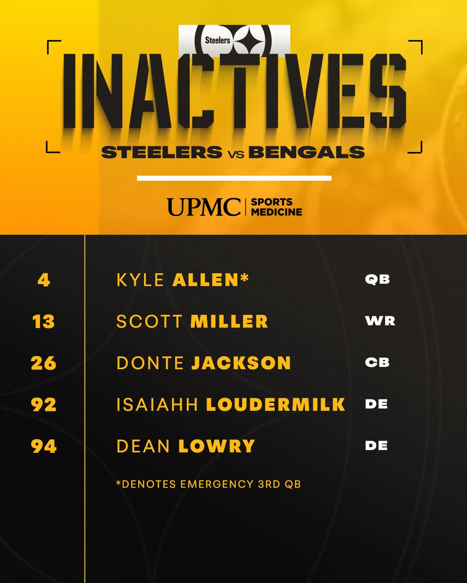 steelers's tweet image. Inactives for #CINvsPIT ⤵️ @UPMCSportsMed 

📝: bit.ly/40jNzV3