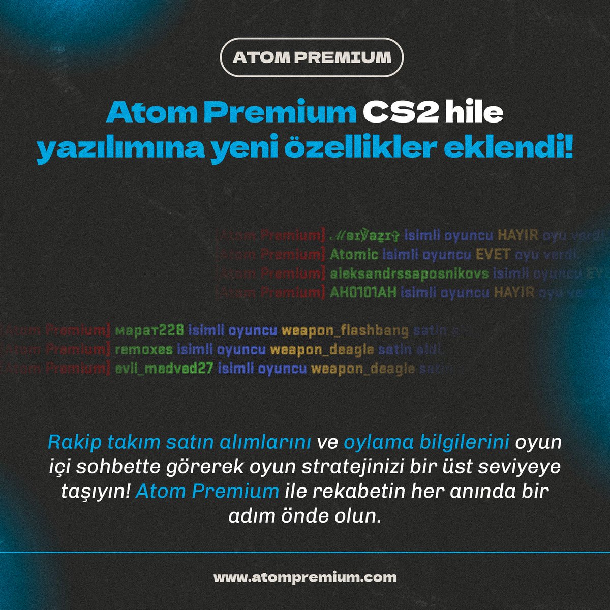 Rakip takımın satın alımlarını ve oylama bilgilerini görerek CS2 oyun deneyiminizi güçlendirin! Atom Premium’un 4 Ocak güncellemesiyle stratejik üstünlük artık elinizde. 💪🎮 

Detaylı bilgi için: atompremium.com/blog/cs2-hile-…

#CS2Hile #AtomPremium #CS2Güncelleme #CS2 #CounterStrike2
