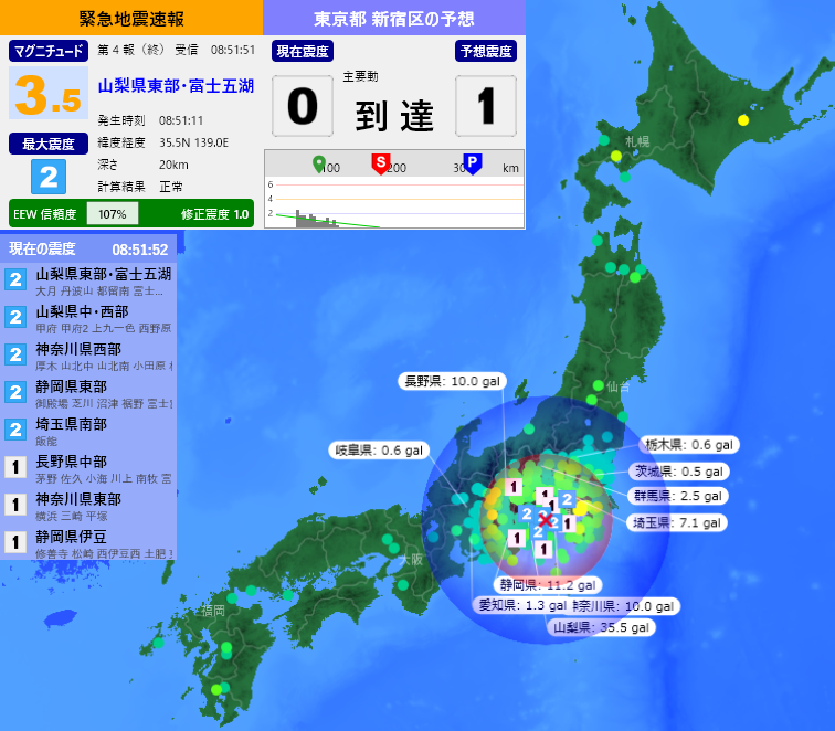 EqAlarm's tweet photo. [緊急地震速報] 08:51:54現在
第4報(終) 予報
発生時刻：08:51:11
震央情報：山梨県東部・富士五湖
震源情報：35.5N 139.0E 20km
地震規模：M3.5 最大震度：2
予想震度：0.8 猶予時間：主要動 到達 https://t.co/chbTh6ytoO
