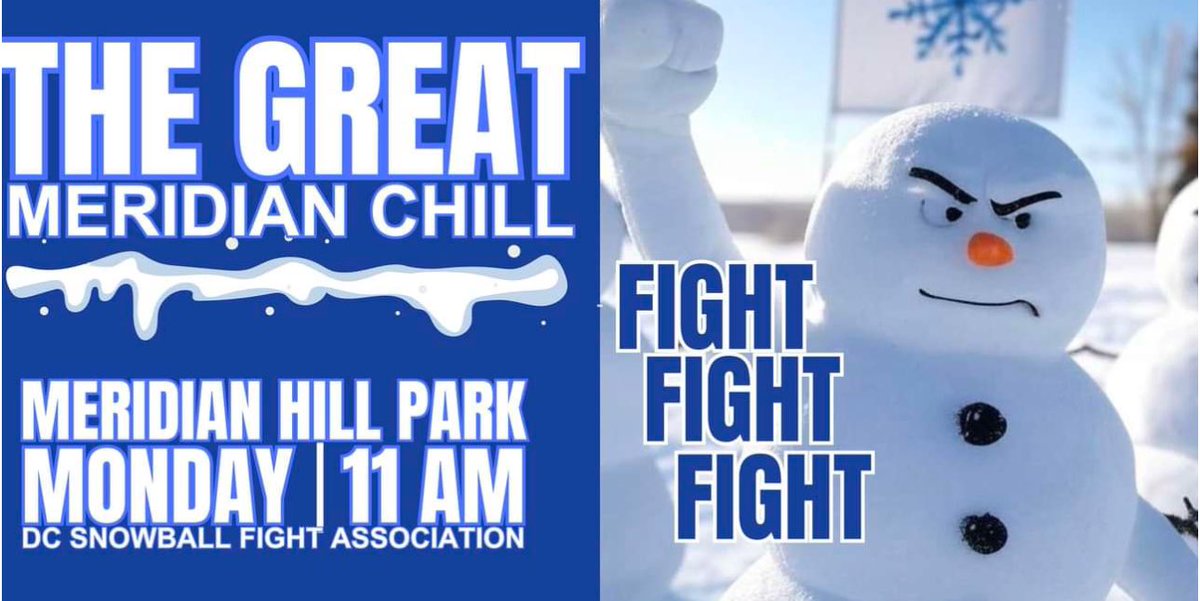 SNOWBALL FIGHT!!!!!
The Washington DC Snowball Fight Association has picked MERIDIAN HILL PARK as the location for a community snowball fight.  
Monday @ 11am <a href="/nbcwashington/">NBC4 Washington</a>