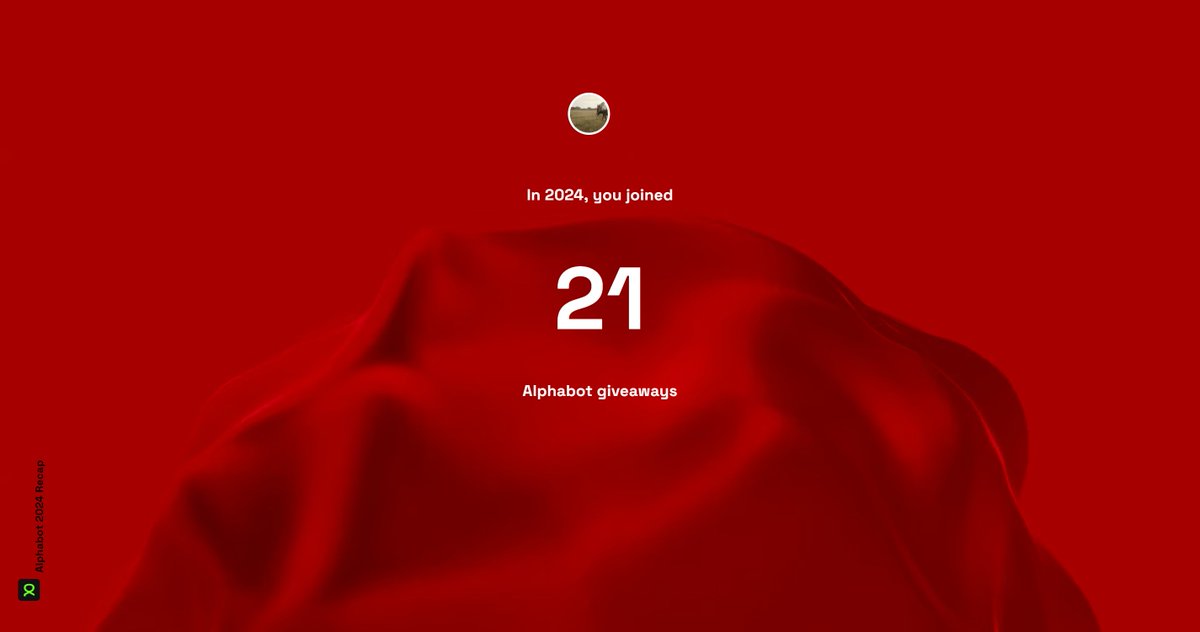 JasmineHighter9's tweet photo. Just checked my 2024 #Wrapped from @alphabot

I had 𝟮𝟭 #Alphabot entries in 2024

How did you do? 👇 Click below to see!

#AlphabotRecap2024 $BOOST https://t.co/j1hhmcZfxr