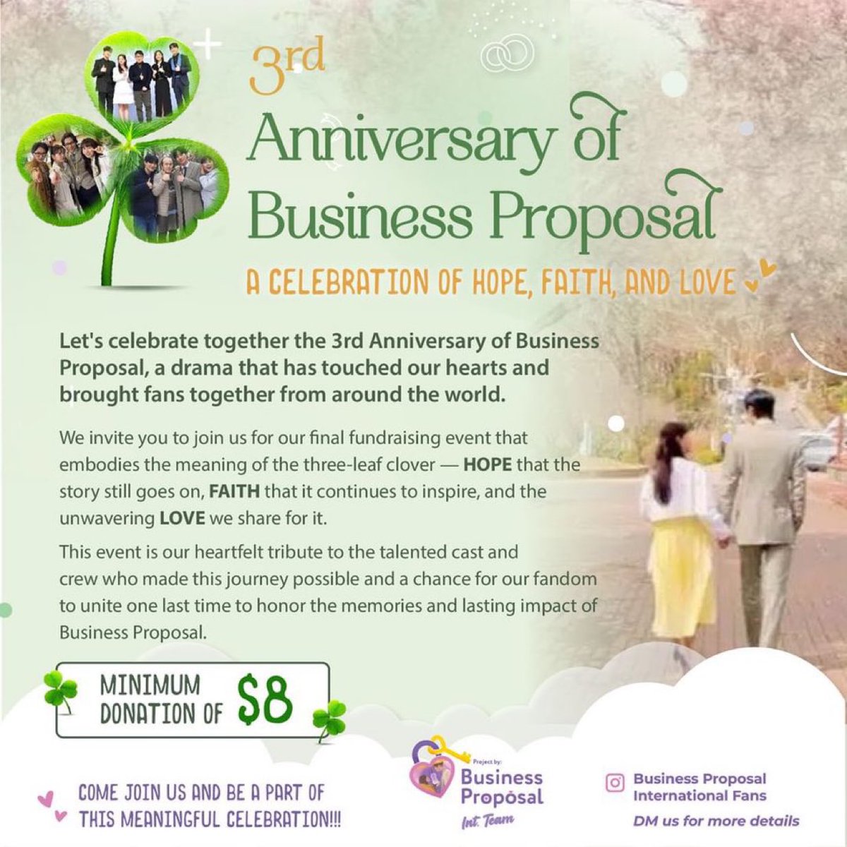 tsuby21's tweet photo. Hi everyone!!! Holidays are done but we still have one last hurrah for our favorite show ever!!! It’s our BP’s 3rd anniversary and final celebration by our Business Proposal Intl Team 🥹

Join us for a fundraising event to celebrate a show that came like a breath of fresh air to all of us. “A Business Proposal”, the show that mesmerized our minds, awakened our weary souls, and effortlessly captured our hearts ♥️

Let’s offer BP a heartfelt token of our deepest gratitude by joining us for a wonderful project 🎉🎉

Fund raising event is on:
☘️Nov 21st - Feb 8th, 2025 🫶🏻 ☘️ 

Please DM me, @___madame__ , @Yvo_hg , @IrisPatton14 , @gg___wp____  & businessproposal.intl in IG for details 

#안효섭 #김세정 #김민규 #설인아 #AhnHyoSeop #KimSejeong #KimMingue #SeolInAh #사내맞선 #BusinesProposal 
#ParkSeonho