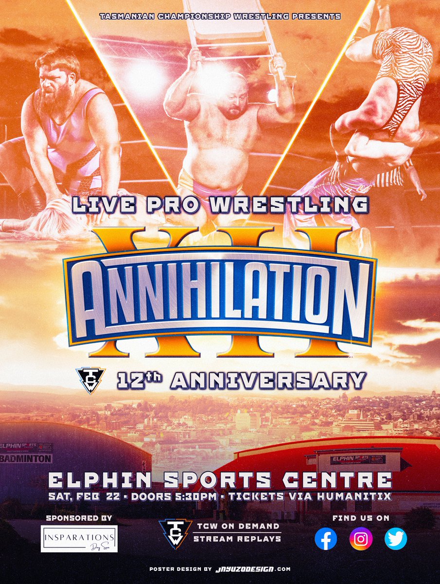 📷 Be part of history! 📷

Celebrate 12 years of TCW: Annihilation and witness wrestling’s finest moments LIVE. Get your tickets now and don’t miss the action!

Doors at 5:50pm Show starts at 6pm

Strictly no alcohol event.