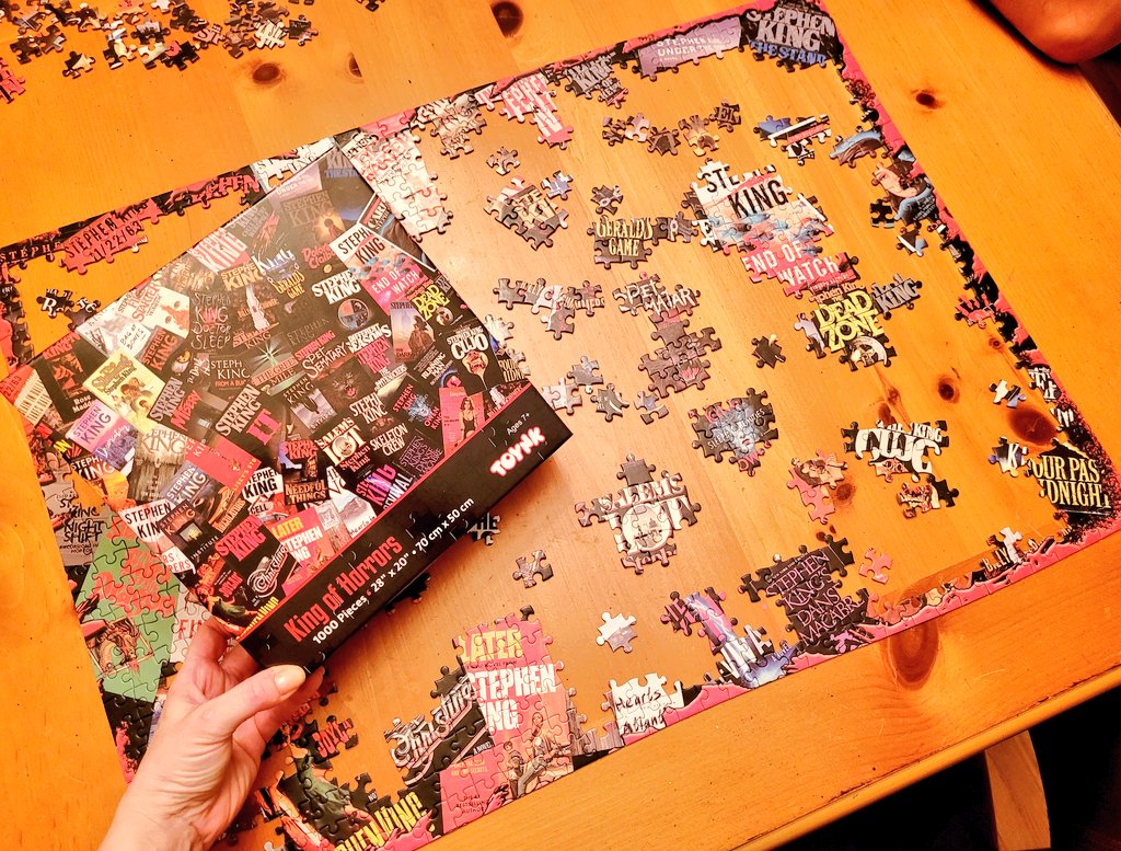 Hey <a href="/StephenKing/">Stephen King</a>, I love your books but your use of red and black on your book covers is a real pain in the a$$ tonight. #puzzles #kingofhorrors