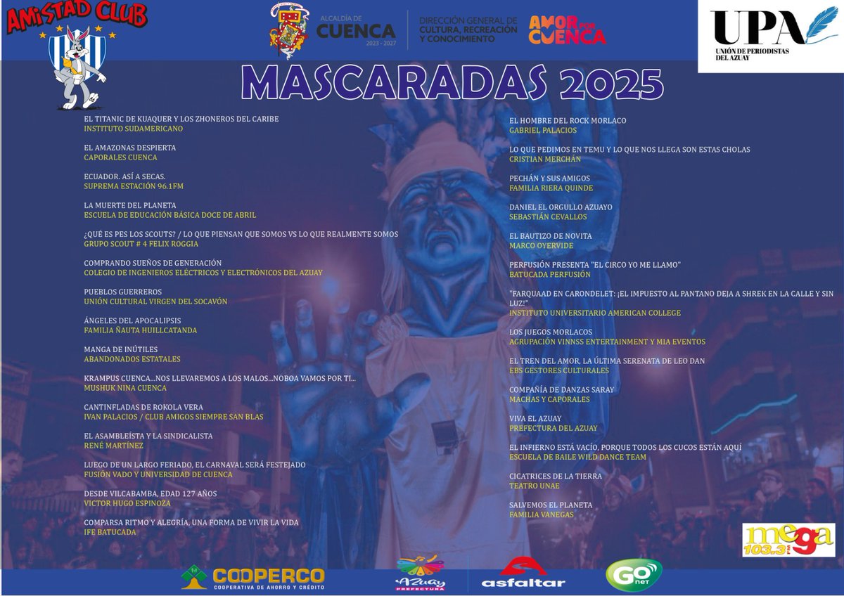 AmistadClub's tweet image. Mañana la Av. Huayna Cápac será el escenario para la demostración del talento la sátira y el humor por nuestros participantes, en el evento cultural más grande de Cuenca.  #Mascaradas2025. 
Ven a disfrutar con tu familia y amigos, desde las 18:00.
