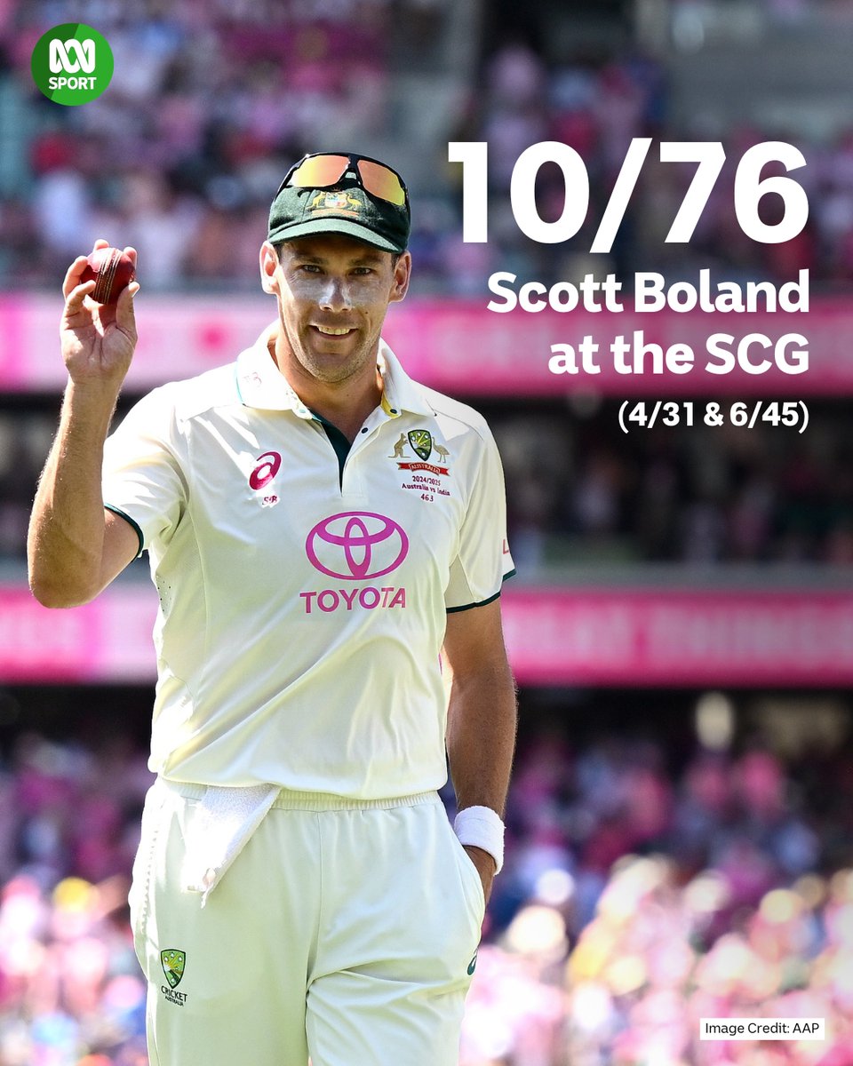 Scott Boland. 10 wickets. 🏏🇦🇺

Scotty's 6/45 in the second innings earns him a 10-wicket haul for the Sydney Test, after 4/31 in the first. Absolutely brilliant. 👏

Live blog: ab.co/40m2Zs7
Listen live: ab.co/ABCListenApp
#AUSvIND #Boland