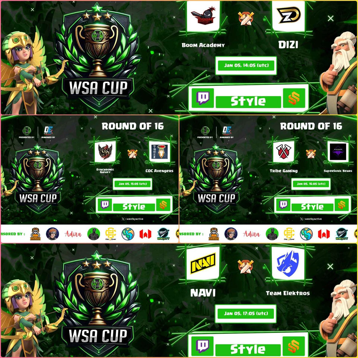 D O M I N G O ! 🥳

Esto es HISTÓRICO, Día Internacional de las Guerrazas! RT si lo vas a ver! 😱

🏆 WSA CUP - RO16

✅ Boom Academy 🆚 DIZI (STMN)
✅ Synchronic Galaxy 🆚 COC Avengers
✅ Tribe Gaming 🆚 SuperSonic X
✅ NAVI 🆚 Team Elektros

15:00🇪🇸 11:00🇦🇷 08:00🇲🇽

🖥️