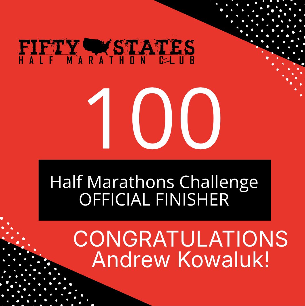 Congratulations to 50 States Half Marathon Club member Andrew Kowaluk, from Chicago, #Illinois, for completing the 100 Half Marathons Challenge, in 2024! 

#50stateshalfmarathonclub #halfmarathon #running #100halfmarathons #100halfmarathonsfinisher