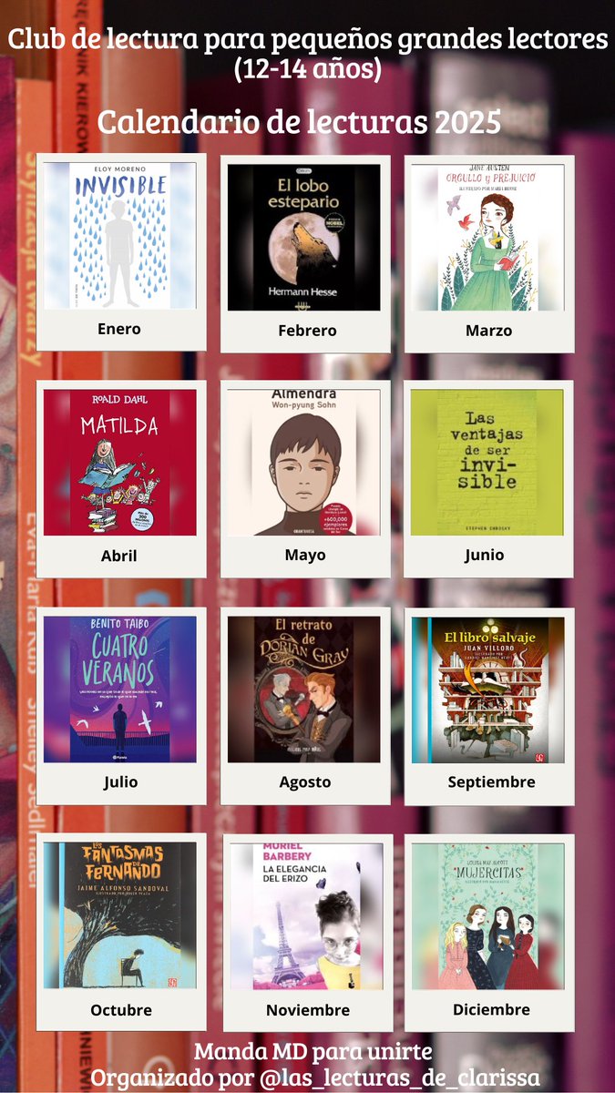 Aquí el calendario de lecturas para el club de pequeños grandes lectores. Si saben de alguien pasen la voz 🤓📚✨

Iniciamos el próximo 06 de enero con "Invisible".

#clubdelectura #books #lecturas2025 #leyendo