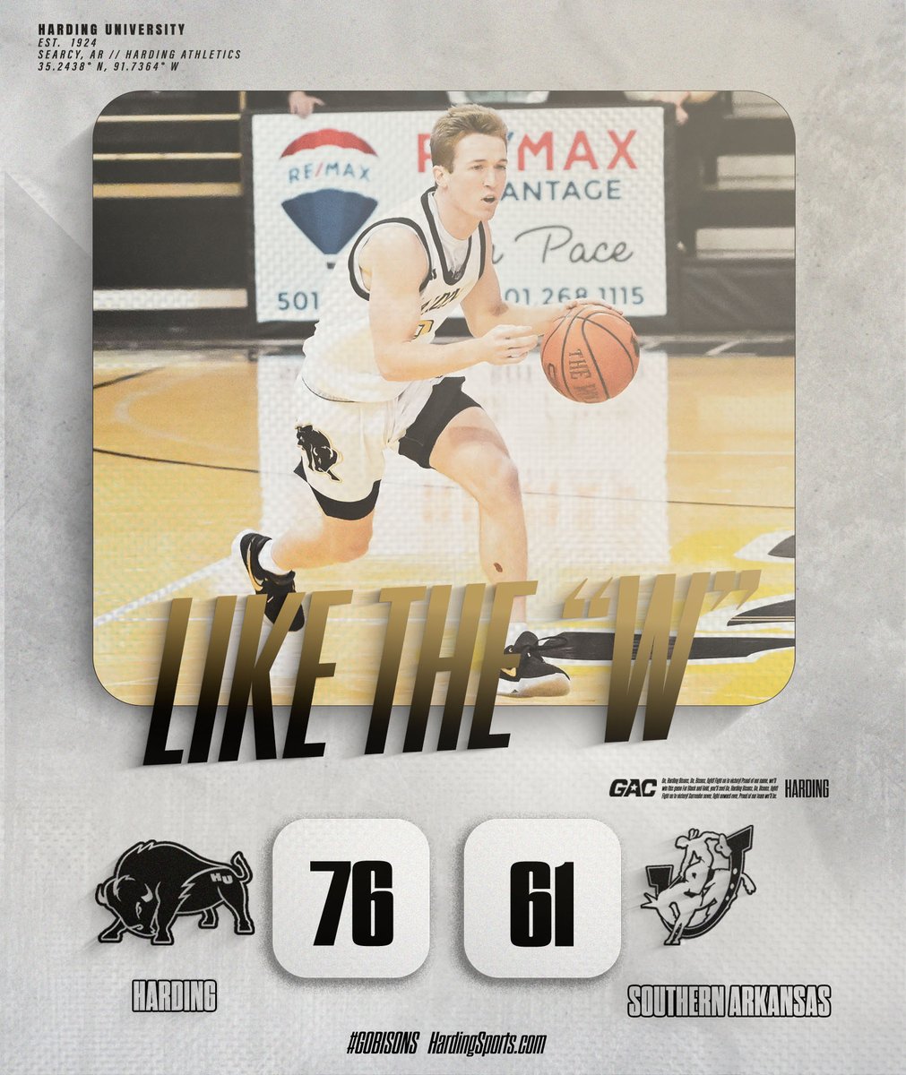 Harding Sports (@hardingsports) on Twitter photo FINAL | <a href="/Harding_MBB/">Harding Men's Basketball</a> 76, Southern Arkansas 61 #GOBisons
Next Up: vs. Southern Nazarene, Thursday, Jan. 9, 7:30 p.m., Searcy, Arkansas FINAL | <a href="/Harding_MBB/">Harding Men's Basketball</a> 76, Southern Arkansas 61 #GOBisons
Next Up: vs. Southern Nazarene, Thursday, Jan. 9, 7:30 p.m., Searcy, Arkansas