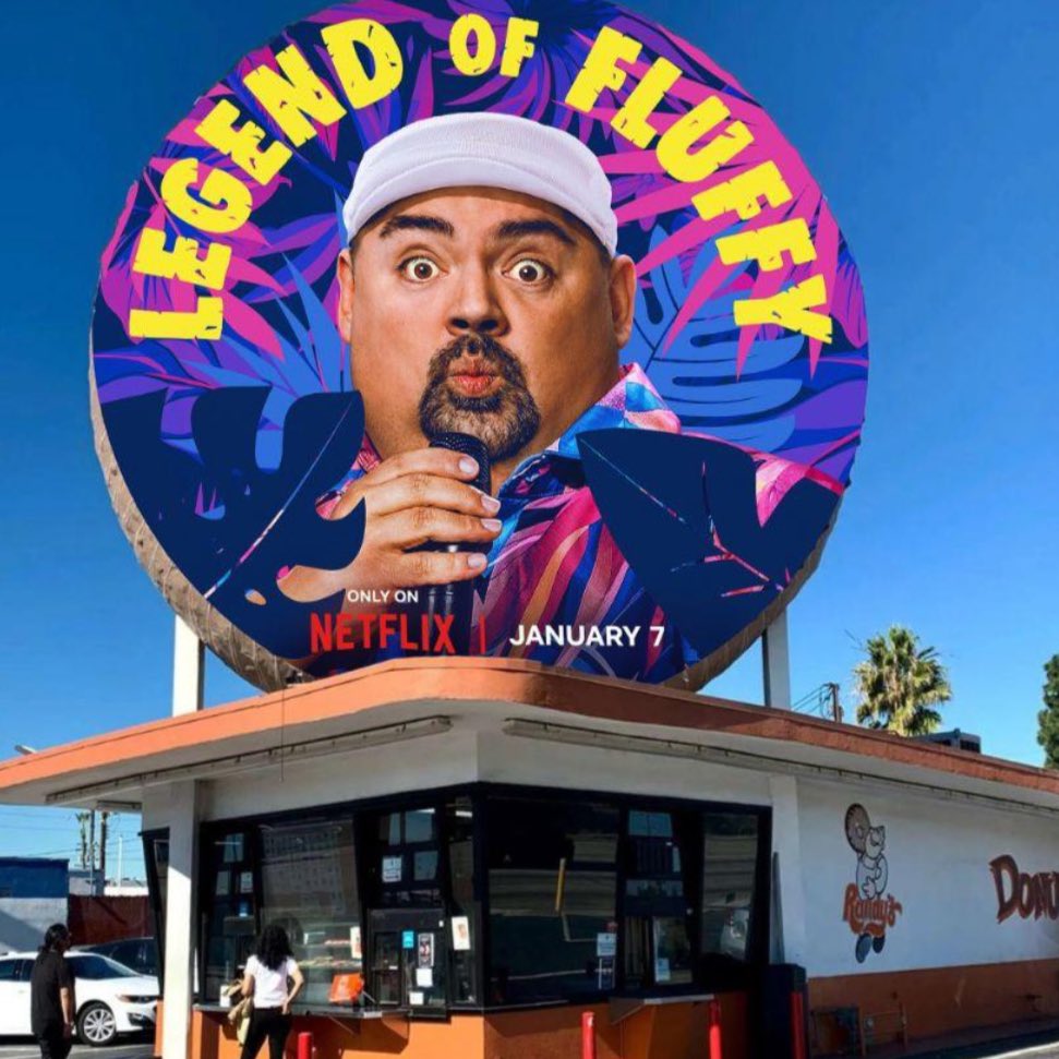 fluffyguy's tweet photo. RT Randy’s Donuts in LA  just got taken over 😜 Yes this is real. Legend Of Fluffy hits @netflix this Tuesday Jan 7 https://t.co/aeJa6RXkXO