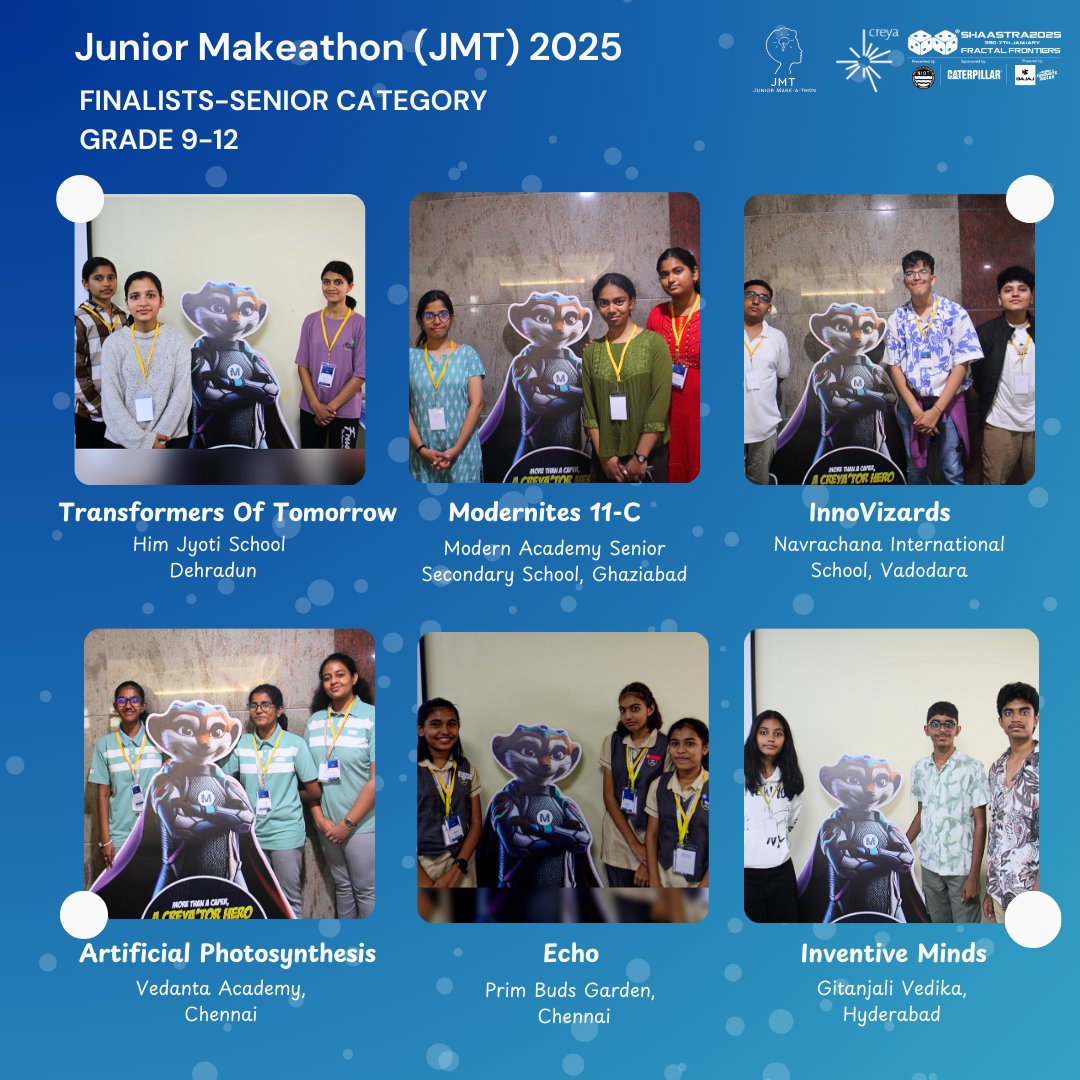 CreyaLearning's tweet image. After weeks of hard work, creativity, and problem-solving — here are the exceptional finalists from the Senior and Junior Category of #JMT2025, a @ShaastraIITM and @CreyaLearning #K12Makeathon at @iitmadras.

Pioneering solutions and sparking TRANSFORMATION to shape #India2047.