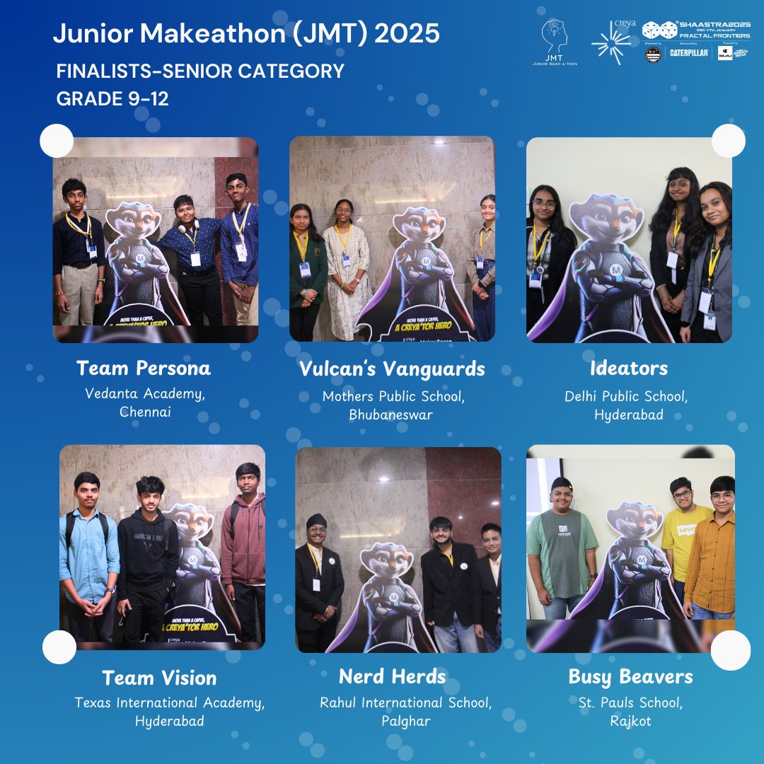 CreyaLearning's tweet image. After weeks of hard work, creativity, and problem-solving — here are the exceptional finalists from the Senior and Junior Category of #JMT2025, a @ShaastraIITM and @CreyaLearning #K12Makeathon at @iitmadras.

Pioneering solutions and sparking TRANSFORMATION to shape #India2047.