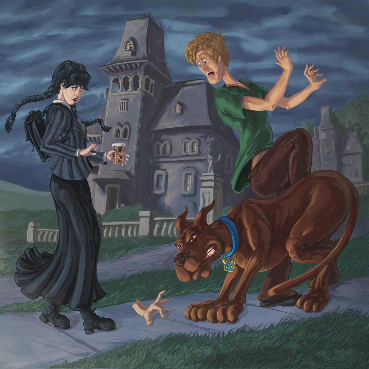 KyleLaFever's tweet photo. This classic mashup of Wednesday and Scooby-Doo is officially two years old—and it's still one of my all-time most popular pieces! 🖤🐾
 Who else thinks these two worlds belong together? https://t.co/gdA93mZTxu