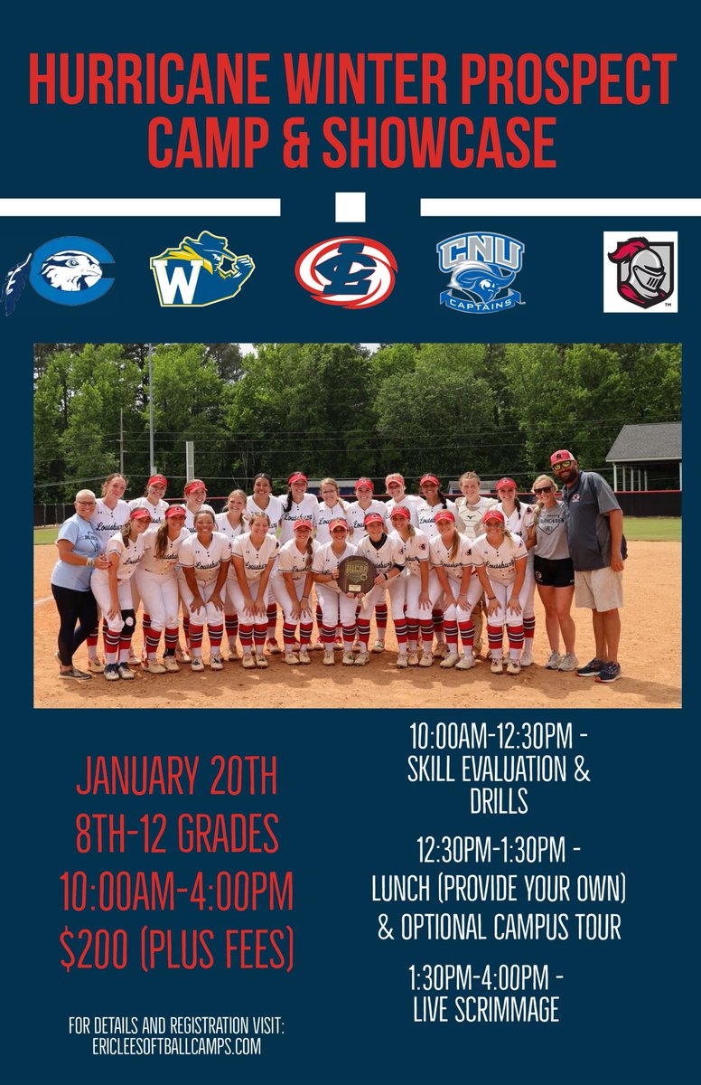 Our Hurricane Winter Prospect Camp &amp; Showcase is right around the corner!  Come show off your skills, or learn a new one on January 20th! 

More information and registration at
ericleesoftballcamps.com