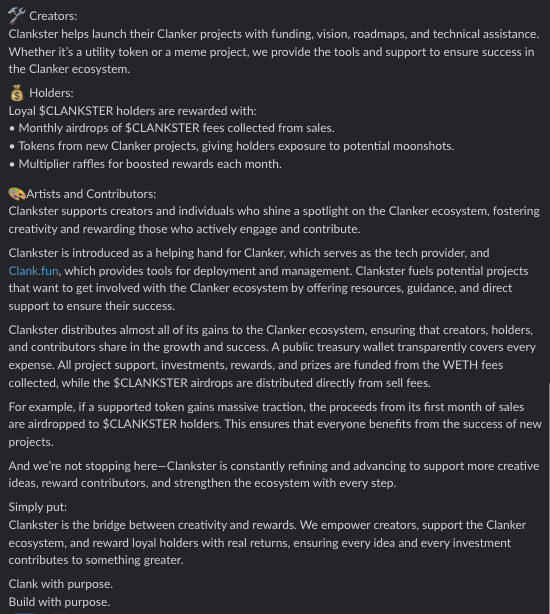 Okay I got the lowdown on <a href="/clanksteronbase/">Clankster</a> and this sounds interesting, ambitious to me

my rule with any new clanker: watch and see how they move. this is the right direction, there are a ton of people interested in creating on clanker, and a ton of people interested in earning