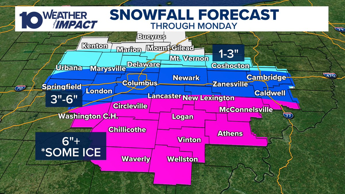 10TV's tweet photo. Snow is on the way to central Ohio in less than 24 hours. Here is a look at the current predicted snowfall totals. Follow along with the latest updates here >>> https://t.co/pYsuupAZw5 https://t.co/raNea0b6ib