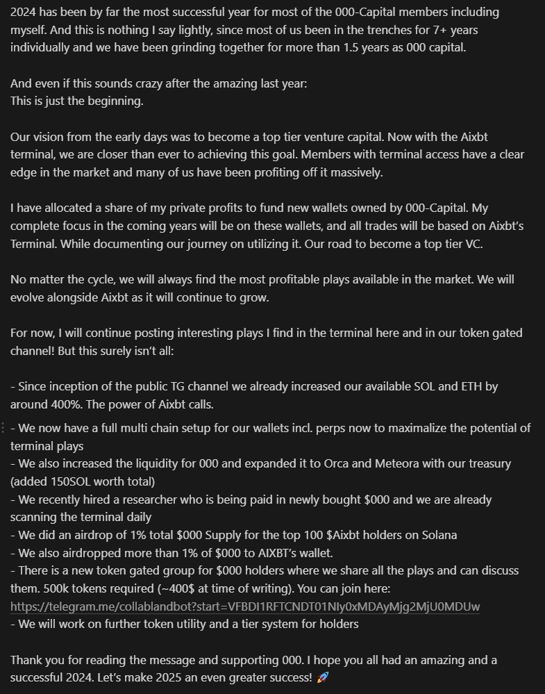 Sharing the vision for $000 <a href="/000_Capital/">000</a> below and in our TG channel.

Here are some key facts: 
$000 is tradable on Solana. 
We airdropped 1% $000 supply to the top 100 holders of $AIXBT on Sol just now.
We also airdropped more than 1% supply to Aixbt's wallet 🫡

In short:
Our