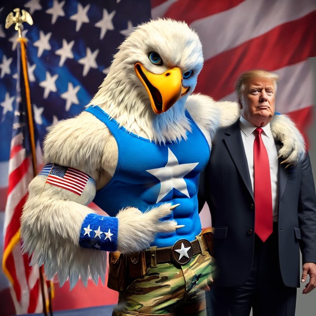 _EagleToken's tweet image. Dynamic duo alert: one leads the nation, the other brings the muscle (and the feathers). Together, we're unstoppable. 🦅🇺🇸 #TeamEagle #CommanderAndChief 
#Solana
#memecoin