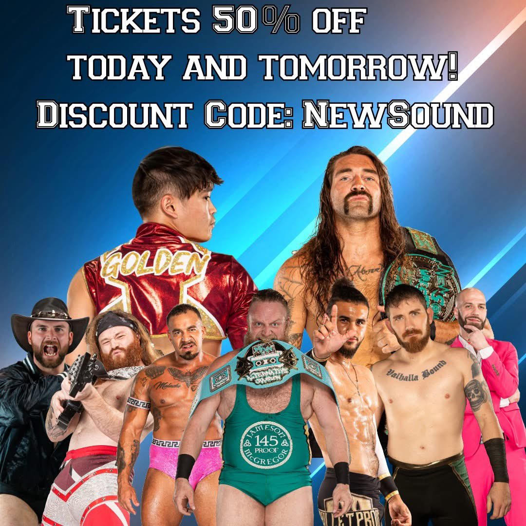 Tickets are still 50% OFF with the discount code "NewSound" for the rest of today plus tomorrow night until 11:30PM! Please get your tickets for New Sound Wrestling | ENEMIES while they are at this limited-time price!

Discount Code: NewSound
ticketleap.events/tickets/newsou…