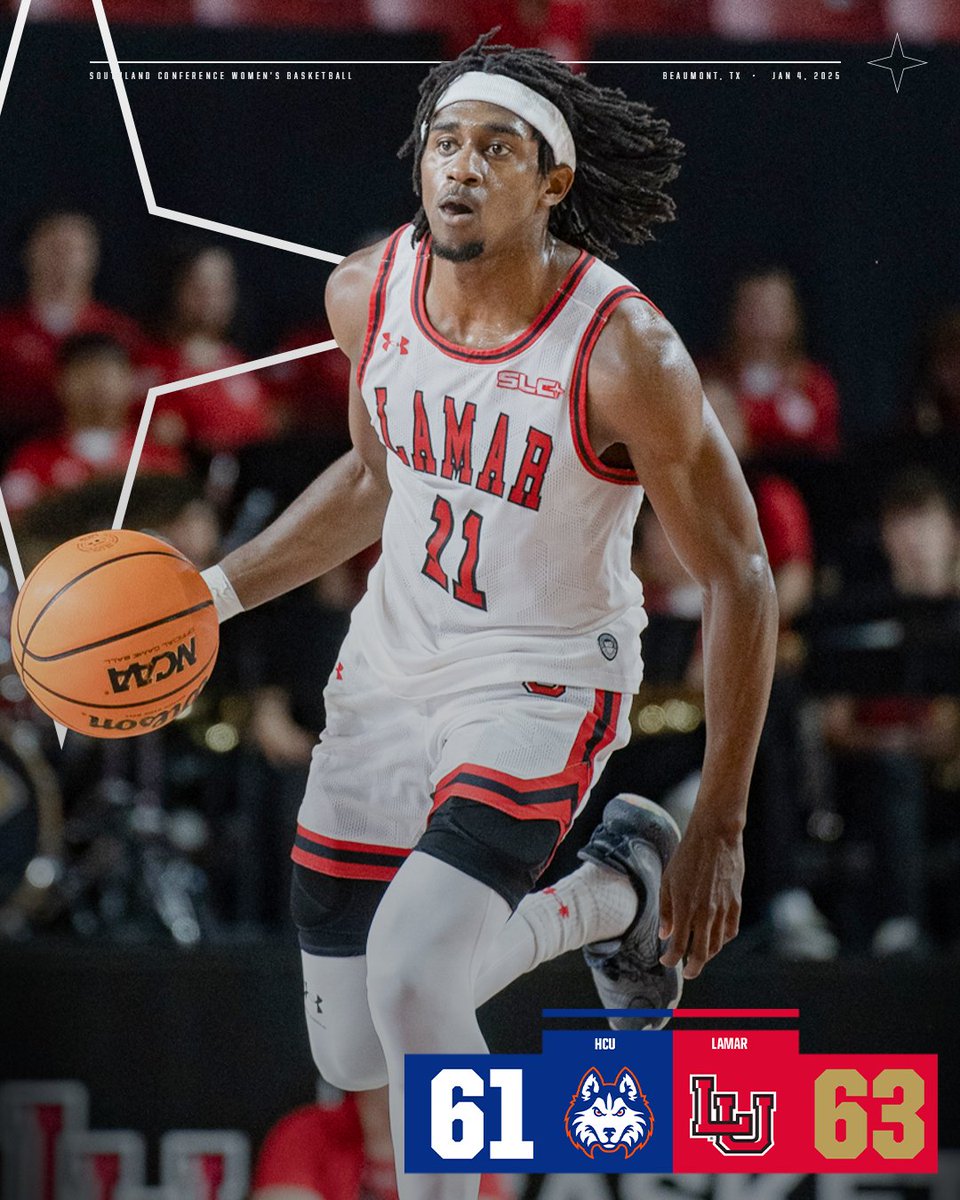 SouthlandSports's tweet photo. BIG RED WINS IT AT THE BUZZER 🔴

Ja'Sean Jackson's last-second shot gives Lamar a thrilling win over HCU to stay undefeated in conference play.

#GTL https://t.co/XmQcwRswTm