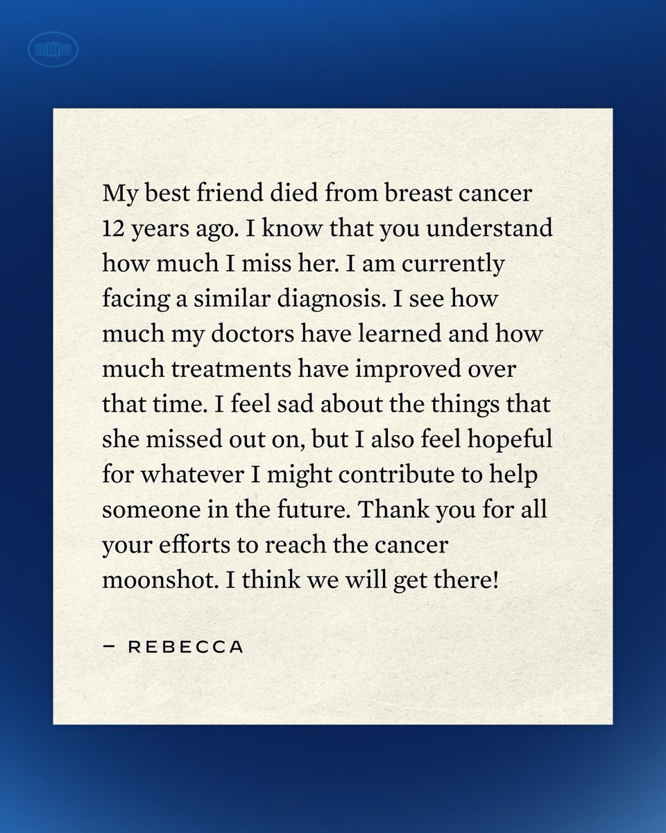 In a note to President Biden, Rebecca expressed her gratitude for his leadership on the Biden Cancer Moonshot, which is working to end cancer as we know it.