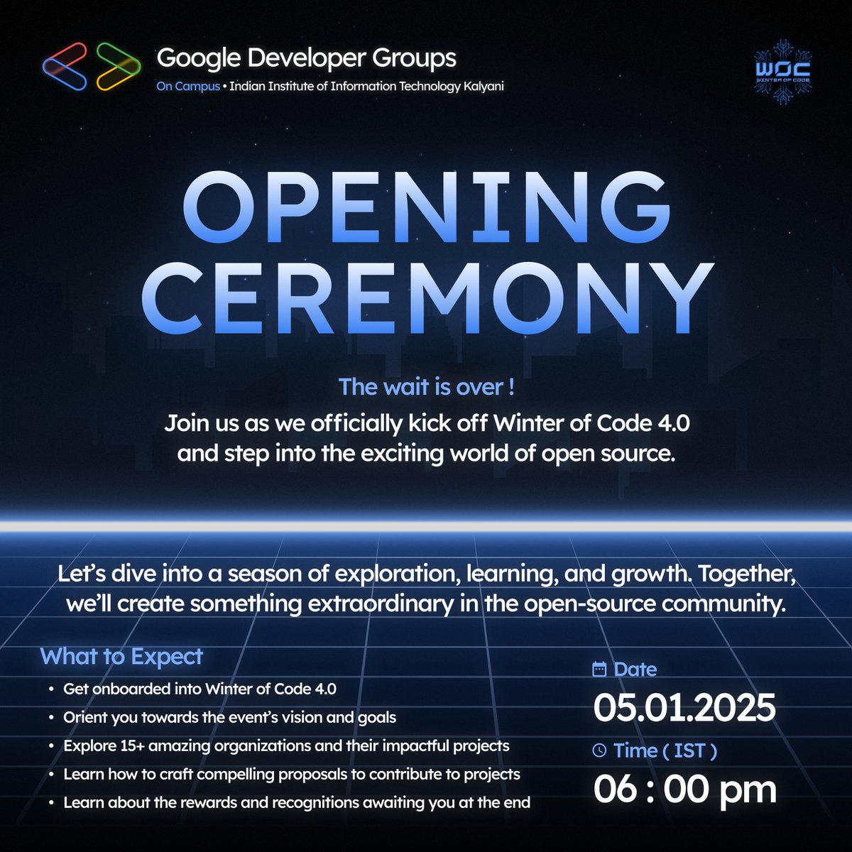 gdsciiitkalyani's tweet image. Winter of Code 4.0: Opening Ceremony!
The wait is over! Join us TODAY at 6:00 PM as we kick off WoC4.0 with an exciting Opening Ceremony! ❄
🔗 Watch live:
youtube.com/live/AH0uh8UOc…
Let’s make this #WinterOfCode unforgettable!