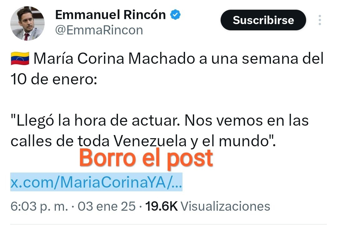 Ya María Corina está borrando los post, porque se sabe derrotada, Maduro se juramenta el 10 de Enero, está eliminando sus convocatorias fallidas y sus amenazas inútiles 😂😂😂