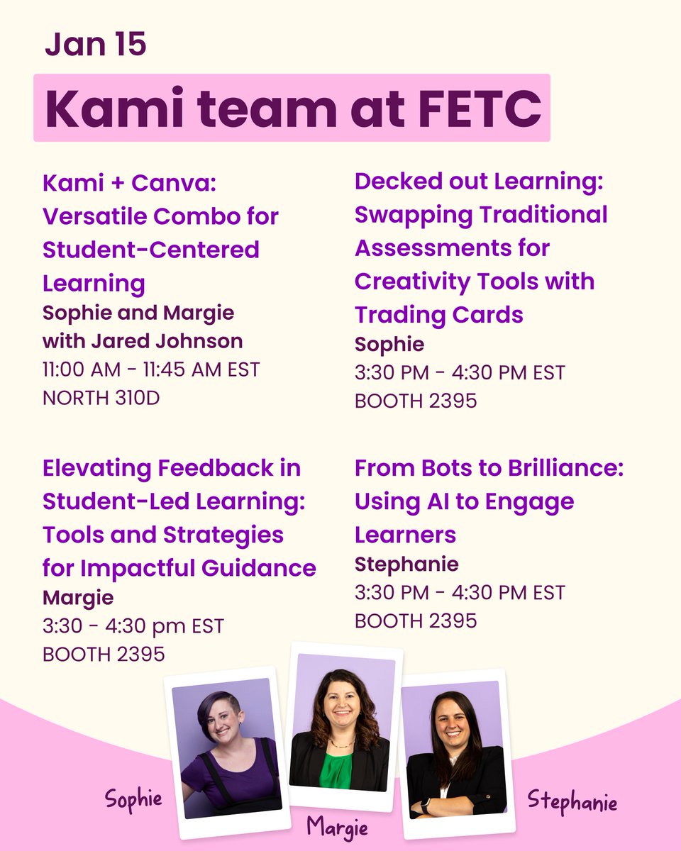 The Kami team is booked and busy at #FETC!  From Kami + Canva to AI-powered learning and impactful feedback strategies, Sophie, Margie, and Stephanie are bringing the heat 🔥 Don’t miss out!