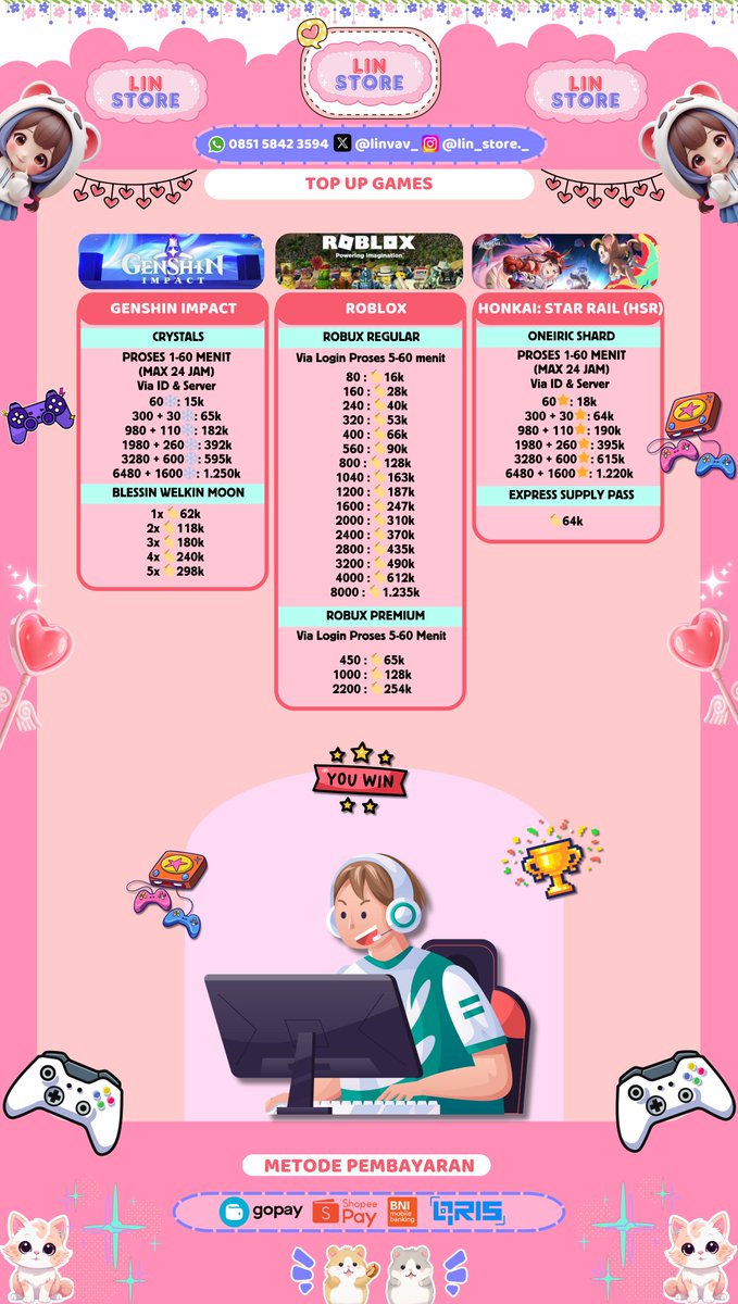 Hai yang mau top up games ML, FF, PUBG, HOK, GENSHIN, ROBLOX 🎮 cuss di LIN STORE💎 langsung proses, 100% TRUSTED~🎀
#zonauang

౨ৎ —— 💌 testi :: x.com/linvav_/status…
౨ৎ —— ☎️ 🅆🄰 (fast respon) :: wa.me/6285158423594
౨ৎ —— 🎮 🄳🄼 (tag @ after dm)