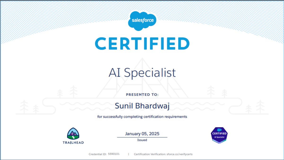 sunilbhardwaj1's tweet photo. Welcoming 2025 with my Certification #21 as Salesforce Certified AI Specialist 🎉
Huge thanks to @salesforce @trailhead 🚀💡✨#CertifiedPro #TrailblazerCommunity #Agentforce #trailhead #salesforcecertified #AwesomeAdmins #salesforce #Ohana #ai #Einstein #agentblazer #CareerGoals https://t.co/Wr8sj4QTAd