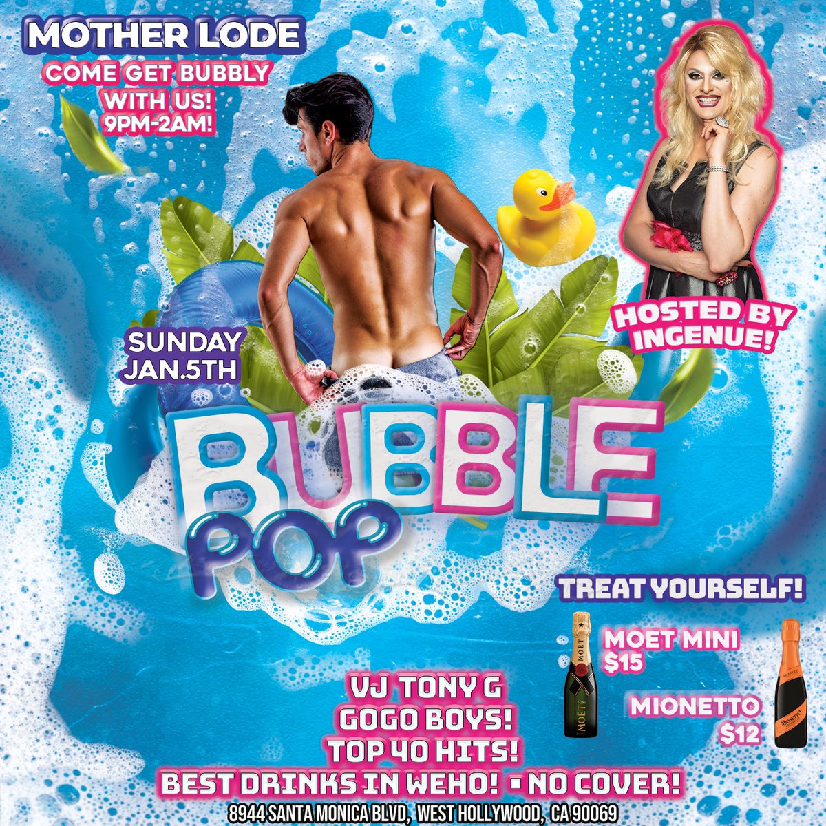 IngenueLA's tweet photo. Sunday Night 1/5/25!! Let’s continue the bubbly celebration of ‘25 at 🫧🫧BUBBLE POP🫧🫧 at Mother Lode bar in WeHo, hosted by me 9p!! 🍾🍾🍾🍾 https://t.co/tW6dSLOHHx