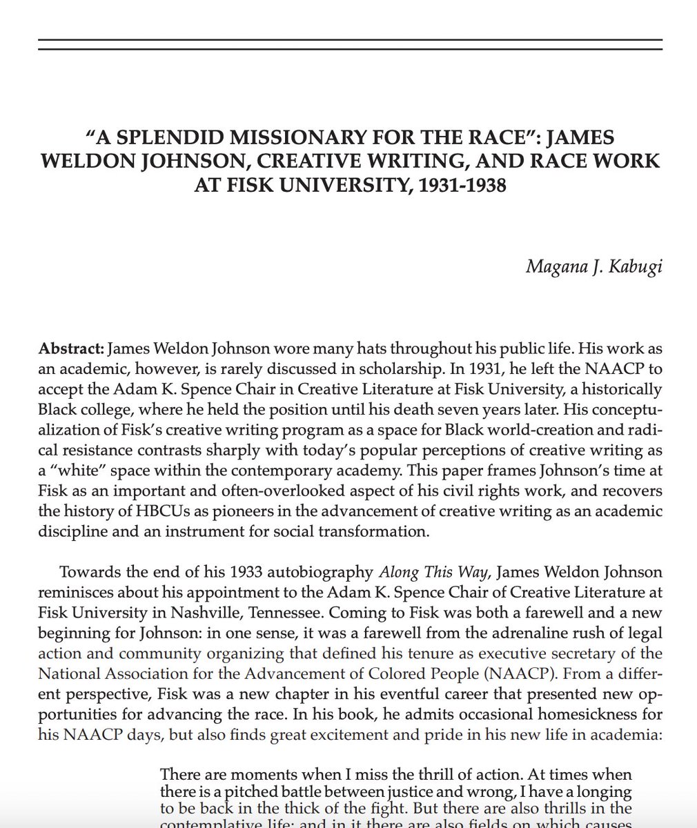 So excited to see my article on James Weldon Johnson's teaching career at <a href="/Fisk1866/">Fisk University</a> in the latest special issue of <a href="/CallalooFoundtn/">Callaloo Journal</a>!
