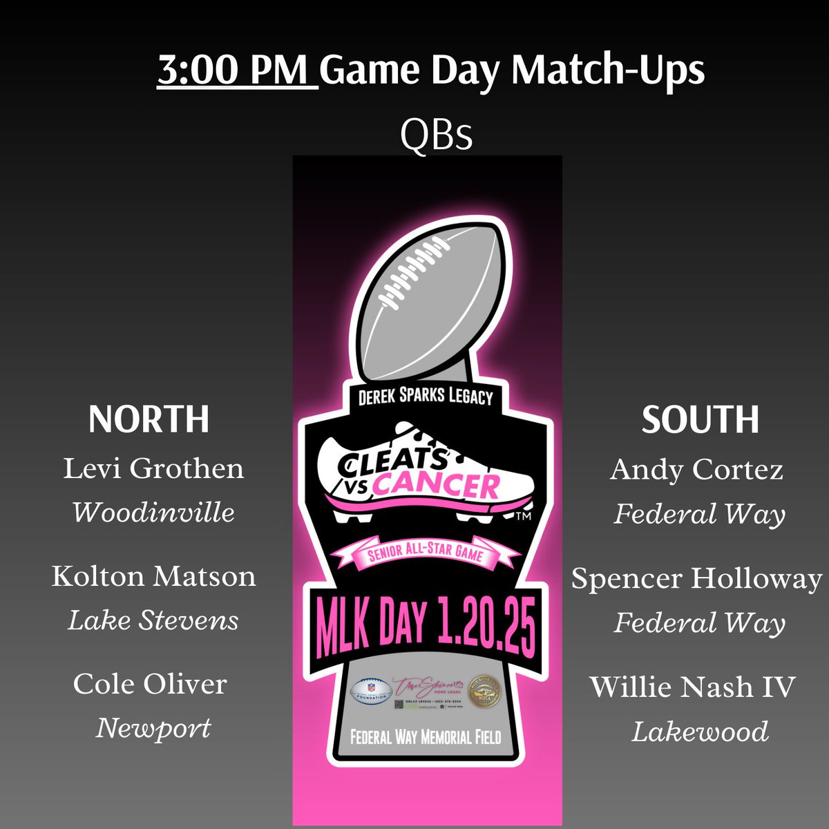 CLEATS V CANCER H.S. FOOTBALL ALL-STAR GAME (@cleatsv) on Twitter photo QB Match-Ups! Game Day 1/20/25!
<a href="/BrandonHuffman/">Brandon Huffman</a> <a href="/SBLiveWA/">Washington High School On SI</a> <a href="/michaelbumpus5/">Michael Bumpus</a> <a href="/Matt_Johnson37/">Matt Johnson</a> @lakescoachmills <a href="/CoachPortz/">Coach Portz 🏈</a> <a href="/CoachMaccKamiak/">Ivan Mclennan (McLeannan)</a> <a href="/Coach_Hunt24/">OG-Tac-City</a> <a href="/coachdu1/">Coach Du</a> <a href="/coachIzFw/">Coach Iz FW</a> <a href="/CarolanBrett/">Brett Carolan</a>
<a href="/HooperKaden_12/">Kaden Hooper</a> <a href="/cole_oliver6/">Cole Oliver</a> <a href="/_andrescortez10/">Andres Cortez</a> QB Match-Ups! Game Day 1/20/25!
<a href="/BrandonHuffman/">Brandon Huffman</a> <a href="/SBLiveWA/">Washington High School On SI</a> <a href="/michaelbumpus5/">Michael Bumpus</a> <a href="/Matt_Johnson37/">Matt Johnson</a> @lakescoachmills <a href="/CoachPortz/">Coach Portz 🏈</a> <a href="/CoachMaccKamiak/">Ivan Mclennan (McLeannan)</a> <a href="/Coach_Hunt24/">OG-Tac-City</a> <a href="/coachdu1/">Coach Du</a> <a href="/coachIzFw/">Coach Iz FW</a> <a href="/CarolanBrett/">Brett Carolan</a>
<a href="/HooperKaden_12/">Kaden Hooper</a> <a href="/cole_oliver6/">Cole Oliver</a> <a href="/_andrescortez10/">Andres Cortez</a>