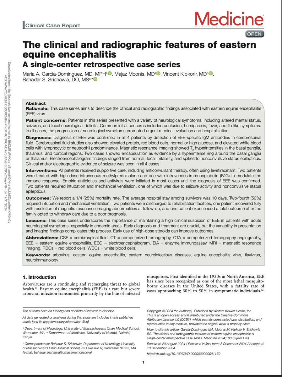 1/ Eastern Equine Encephalitis (EEE) is a rare but severe arboviral disease with a mortality rate of up to 50% in symptomatic cases. Our (<a href="/wipily_/">Maria A Garcia-Dominguez</a> ) recent case series explores the clinical and radiographic features of four patients diagnosed with EEE at a single center. Here’s