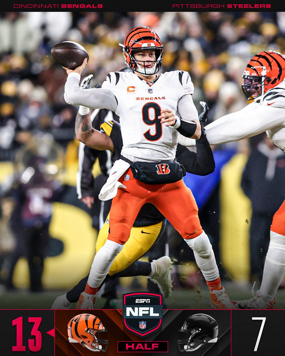 NFL's tweet image. HALFTIME: Cincy in front.

📺: #CINvsPIT on ESPN/ABC
📱: Stream on #NFLPlus and ESPN+