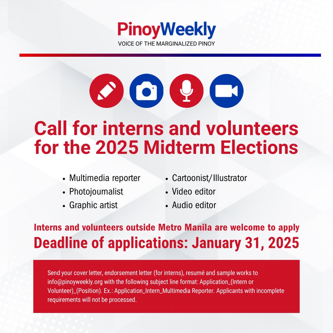 pinoyweekly's tweet photo. Pinoy Weekly is looking for interns and volunteers to cover the 2025 Midterm Elections! #SupportAlternativeMedia โ๏ธ๐ธ๐๏ธ๐น https://t.co/45ofVPAaTk