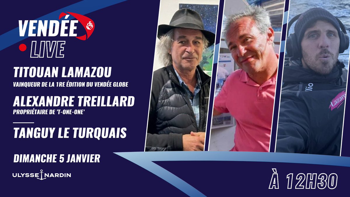 Vendée Globe (@vendeeglobe) on Twitter photo 📺 𝗩𝗲𝗻𝗱𝗲́𝗲 𝗟𝗶𝘃𝗲 𝗮̀ 𝟭𝟮𝗵𝟯𝟬 !
Aujourd'hui, nous joindrons <a href="/tanguyleturquai/">Tanguy le Turquais - Skipper LAZARE</a>. Titouan Lamazou, vainqueur de la 1re édition du Vendée Globe en 1990 et Alexandre Treillard, propriétaire de T-One-One’ en présence aux Sables d'Olonne, seront les invités du jour.
🔴LIVE 📺 𝗩𝗲𝗻𝗱𝗲́𝗲 𝗟𝗶𝘃𝗲 𝗮̀ 𝟭𝟮𝗵𝟯𝟬 !
Aujourd'hui, nous joindrons <a href="/tanguyleturquai/">Tanguy le Turquais - Skipper LAZARE</a>. Titouan Lamazou, vainqueur de la 1re édition du Vendée Globe en 1990 et Alexandre Treillard, propriétaire de T-One-One’ en présence aux Sables d'Olonne, seront les invités du jour.
🔴LIVE