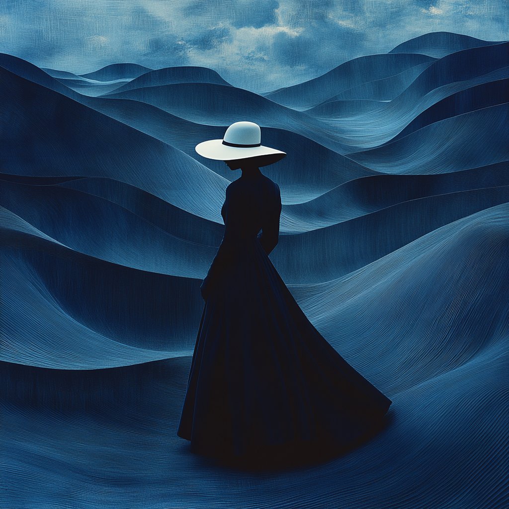 Sref: 701119

prompt:Minimalist illustration of a woman in the distance, wearing a white hat and a black dress, walking on a blue grassland with rolling hills at night, in the style of Eiko Ojala. The focus is on her silhouette, with a navy background and a contrast between light