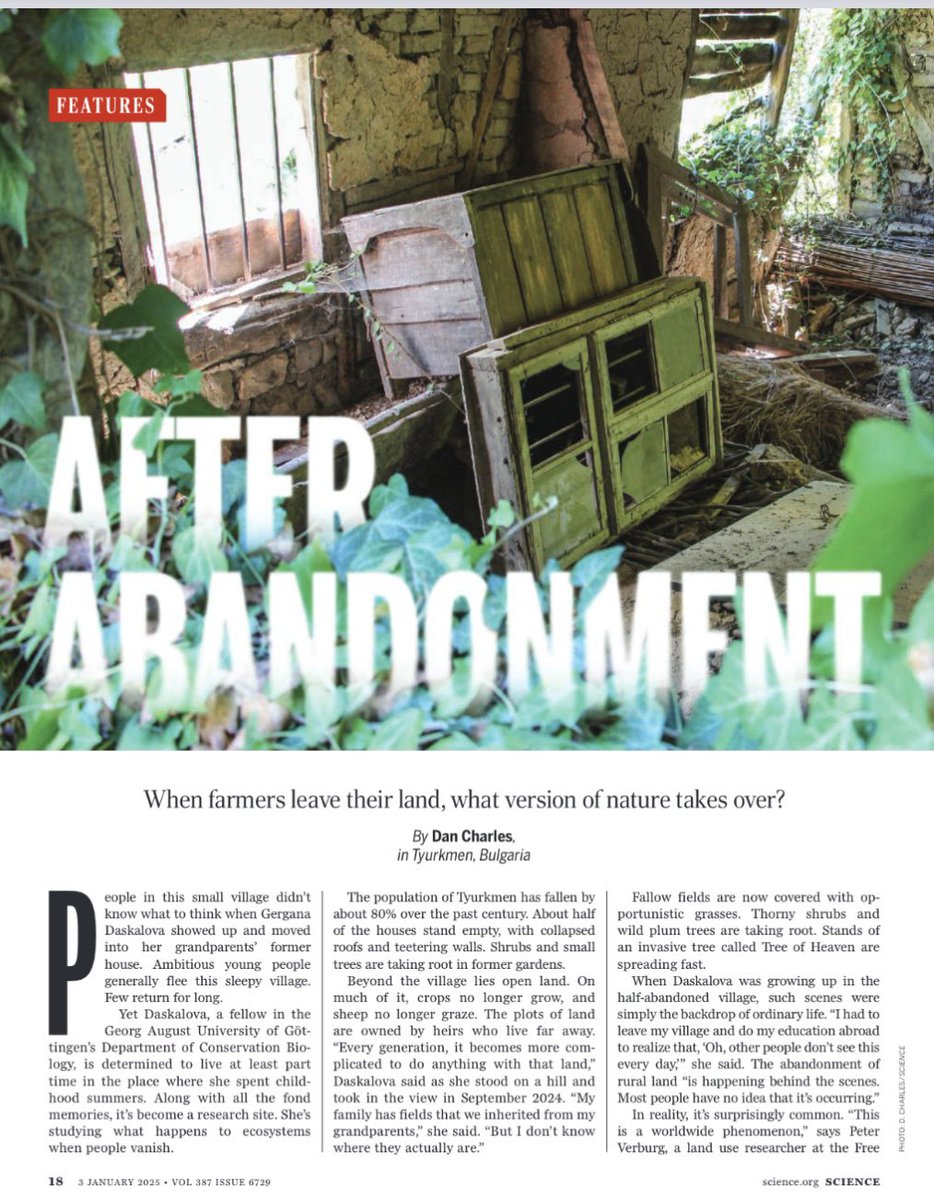 Farmers are abandoning land worldwide. In Europe, for example, 120 million hectares have been left fallow since 1990. 

What does and what should happen to it? Insightful new article in Science 

science.org/content/articl…