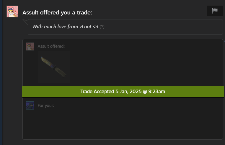 🎉 Just received my prize from <a href="/vloot_io/">vLoot.io</a>! Here’s proof of the accepted trade offer (attached screenshot 📸). Thanks for the awesome giveaway! 🏆💯 Legit platform—highly recommend! 🙌 #GiveawayWinner #VLoot