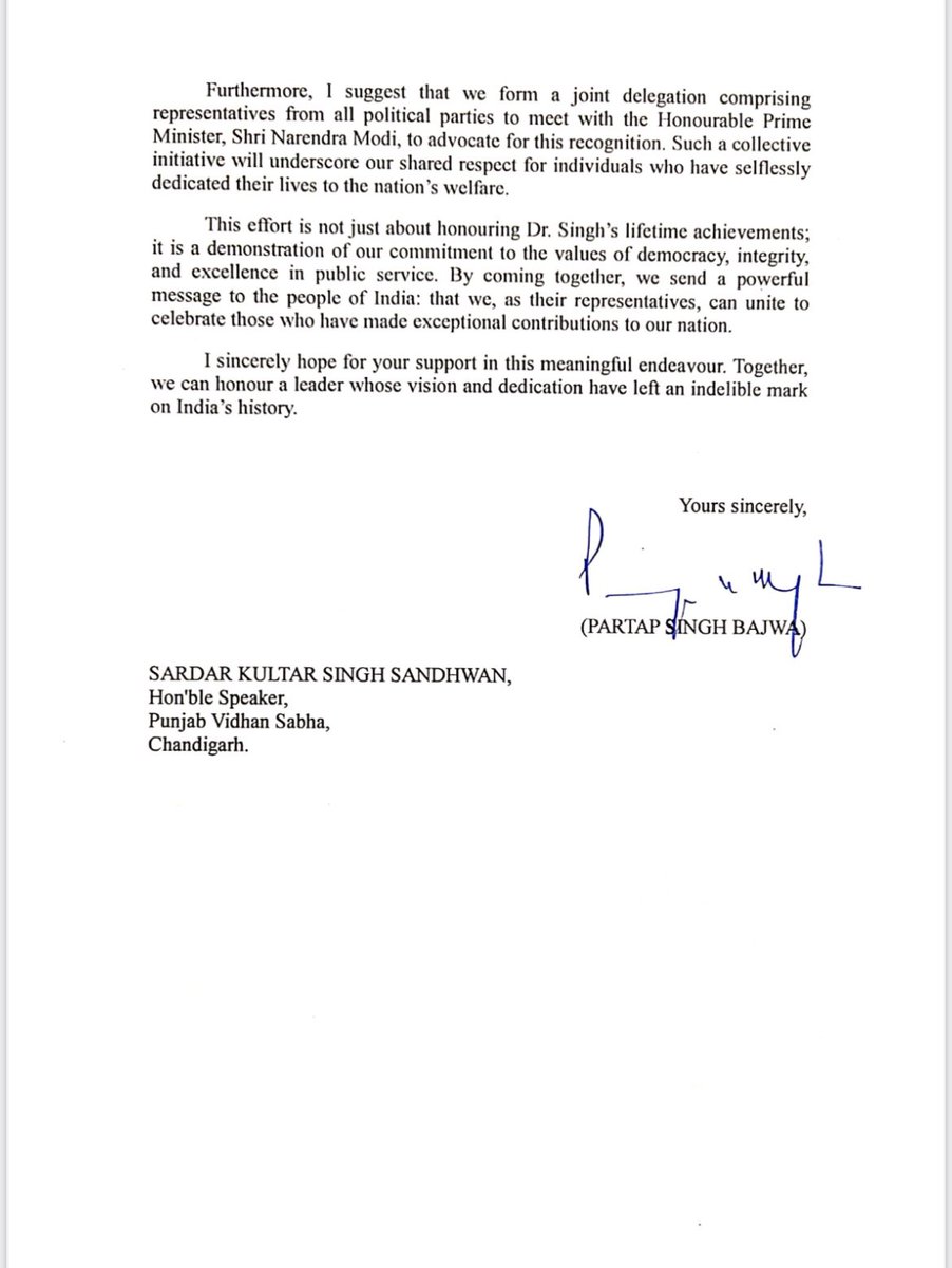 Partap_Sbajwa's tweet photo. I have written to my colleagues in the Punjab Assembly—@BhagwantMann, @Sandhwan, @AyaliManpreet, @AshwaniSBJP, and NachhatarSingh—proposing a joint resolution to recommend Bharat Ratna for former Prime Minister Dr. Manmohan Singh. A visionary leader, his contributions have profoundly shaped India’s destiny.

As a proud son of Punjab, Dr. Singh’s dedication to public service and nation-building continues to inspire us all.

I have also proposed forming an all-party delegation to meet PM @narendramodi to advocate for this recognition. Honouring Dr. Singh with the Bharat Ratna will not only celebrate his extraordinary contributions but also reaffirm our shared commitment to democracy, integrity, and excellence in public service.

@INCIndia @INCPunjab 
@kharge @RahulGandhi @priyankagandhi @kcvenugopalmp 
@Jairam_Ramesh @Pawankhera
